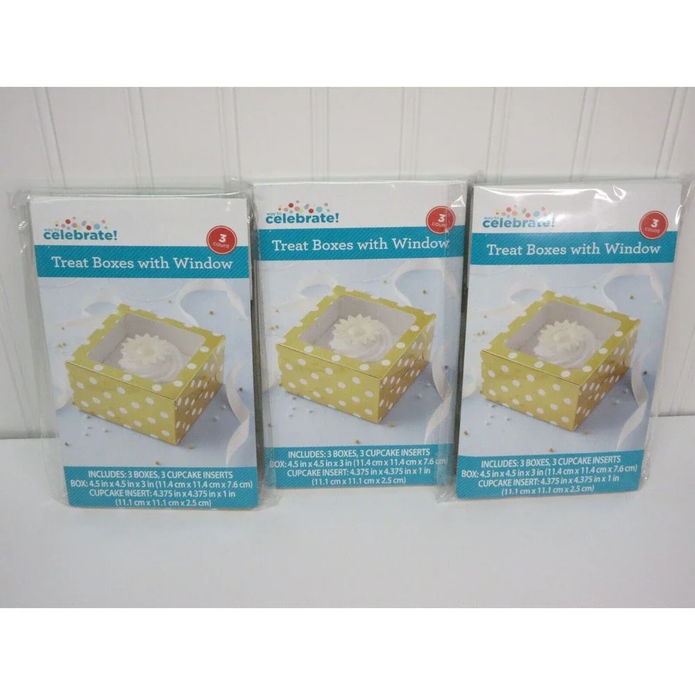 Celebrate Treat Boxes with Window & Cupcake Insert Gold White Polka Dots 3ct ea